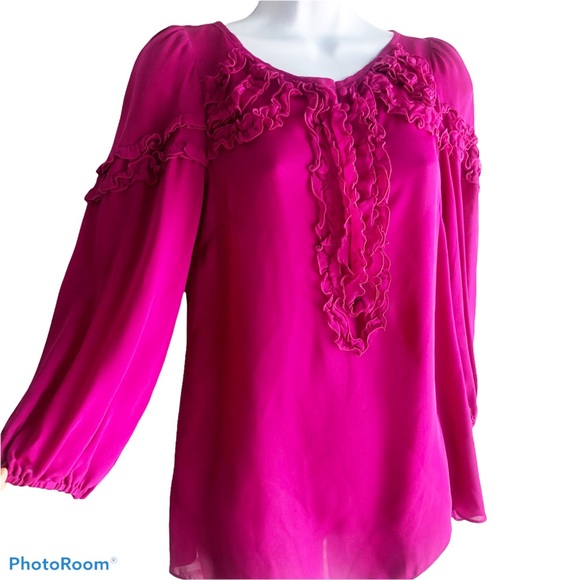 Nanette Lepore Tops - Nanette Lepore Silk Long Hot Pink Ruffle Blouse 4